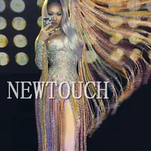 Блестящее цветное платье с кисточками из страз, сексуальное высокоэластичное платье с длинными рукавами для женщин, певиц, танцор, яркие боди, цельные вечерние платья