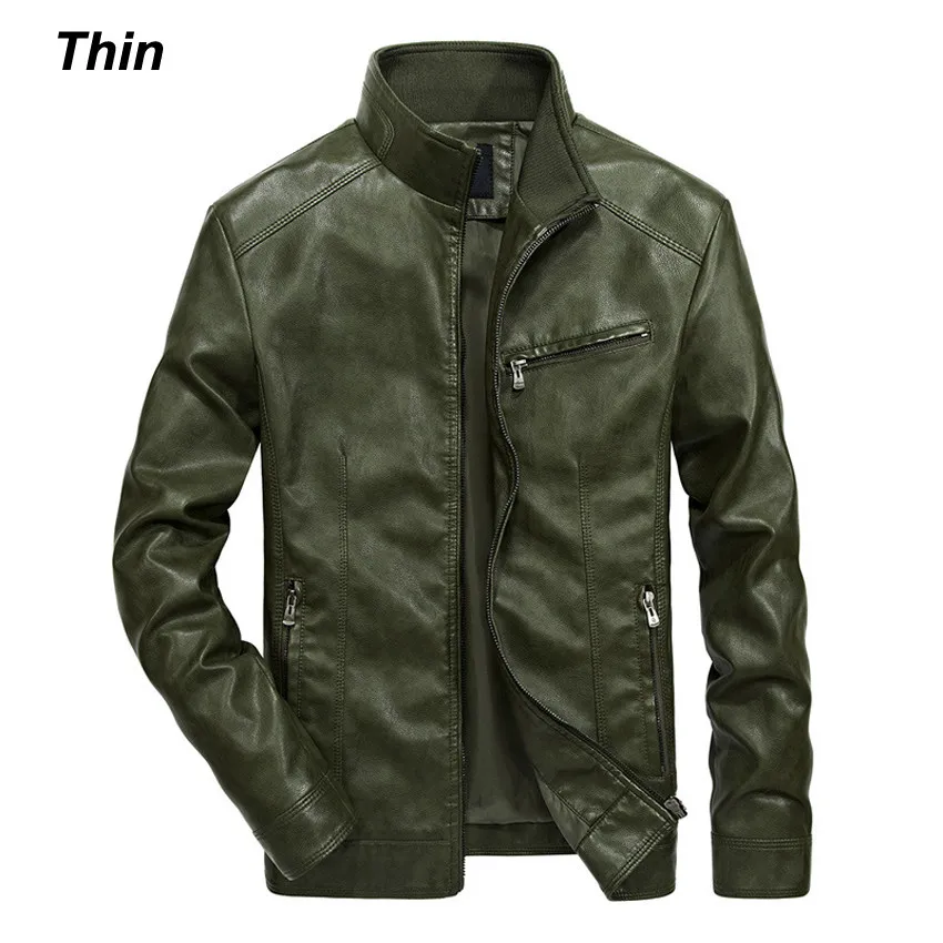 Мужские кожаные куртки NaranjaSabor, 5XL, куртка из искусственной кожи со стоячим воротником, Мужская мотоциклетная кожаная куртка, Повседневная приталенная Мужская брендовая одежда - Цвет: Thin Dark Green