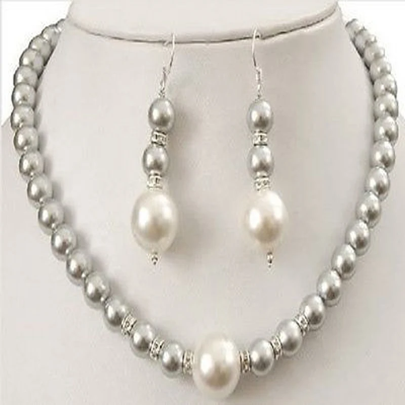 

Jxryxrth New Prety 8-12MM Gray Sea Shell Pearl Round Beads Necklace + Earrings Set AAA