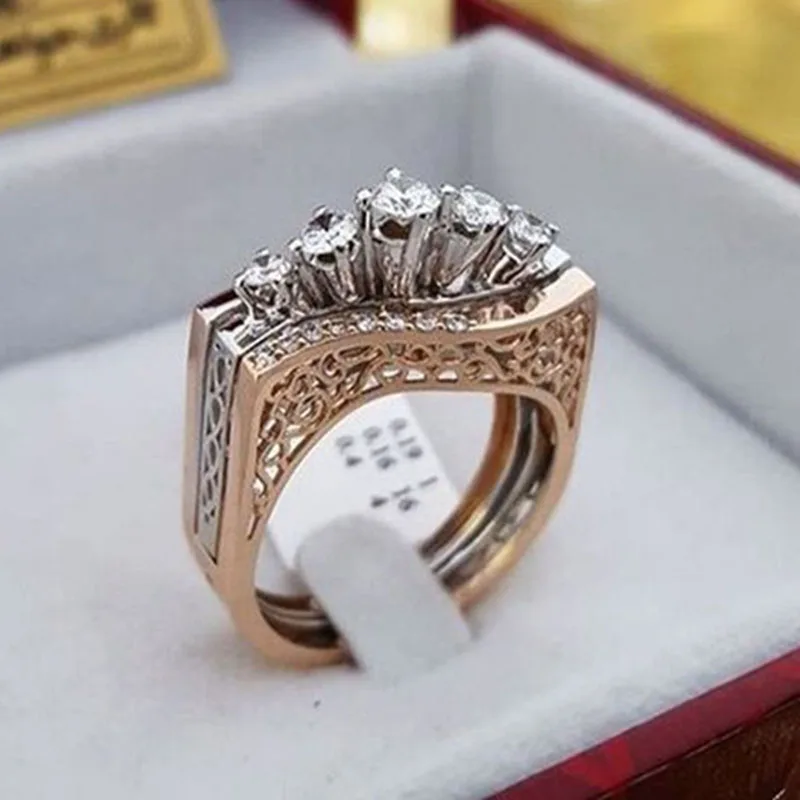 

Luxury Brand Rose Gold Hollow Pattern Stacking Rings 2Pcs/Set For Women 2019 Fashion Austrian Crystals White Zircon Ring Z3M304