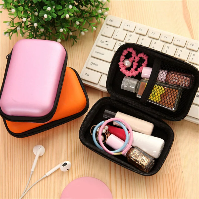 

Mini 6 colors Headphone storage box Zipper Hard PU Leather Storage Earphone Bag Protective USB Cable Organizer Portable GHMY