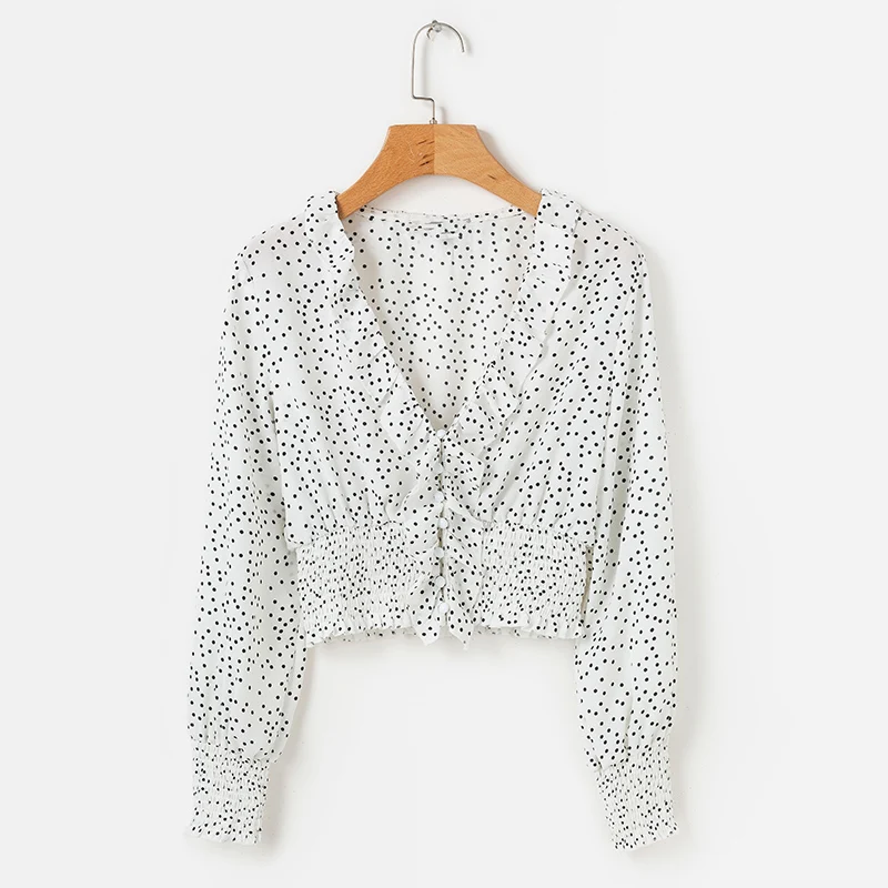 ShejoinSheenjoy Ruffles Chiffon Blouses Women Tops Polka Dot Print Autumn Ladies Shirts V Neck Lantern Sleeve Casual Shirt Top (16)