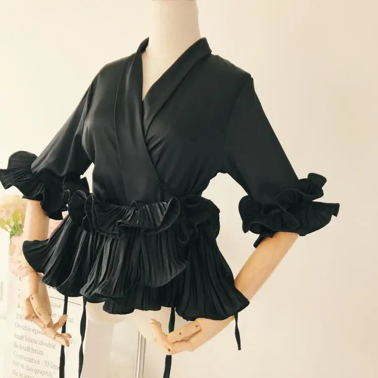  Runway 2018 Spring Women V-Neck Pleated Treated Lace Chiffon Shirt 3D Flowers Bow Satin Blouses ruf