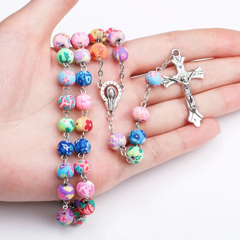 8mm Colorful Polymer Clay Bead Rosary Pendant Necklace Alloy Cross