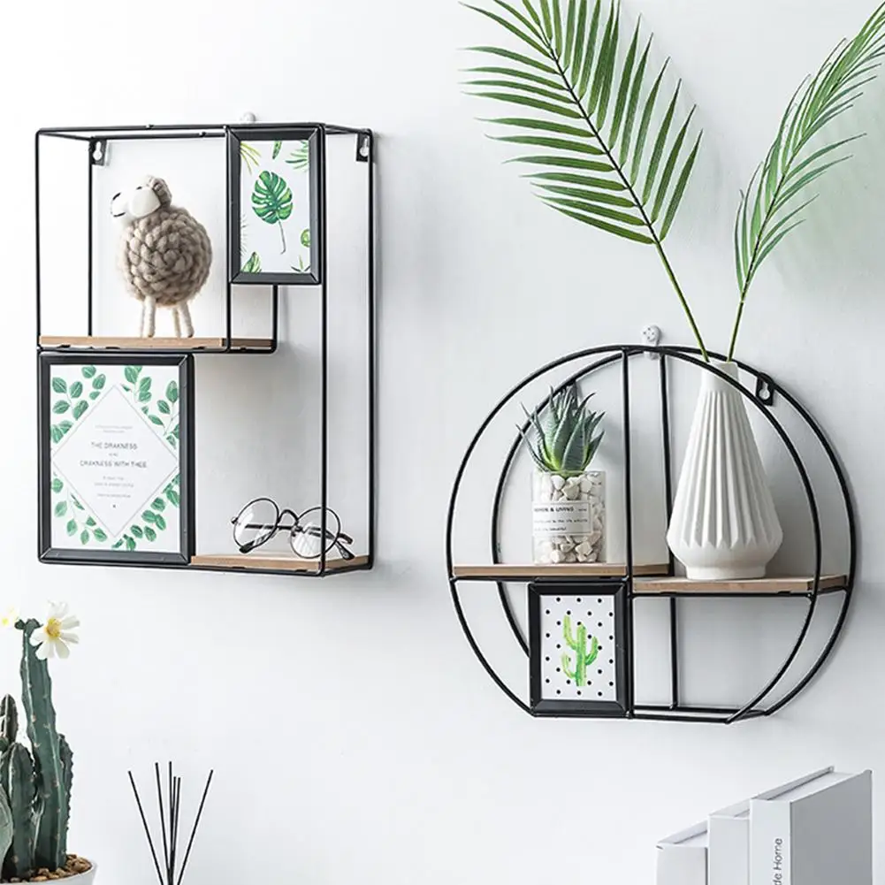 Wooden Iron Wall Shelf Wall Mounted Storage Rack Organization For