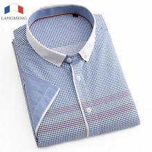 LANGMENG 100% Baumwolle 2016 Neuen Marke männer Casual Shirt Kurze Sleeve Umlegekragen Shirts Slim Fit Kleid Shirt Für Männer Business