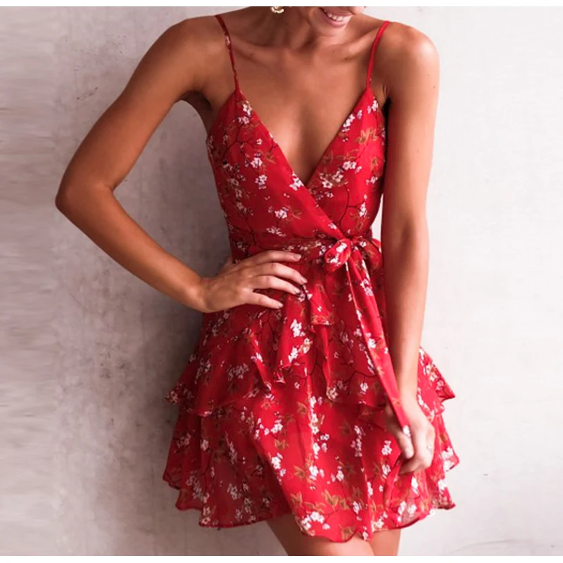 

NLW Elegant Red Print Short Dress Women 2019 Summer Sexy Strap V Neck Backless Dress Holiday A-Line Bow Chiffon Dress Vestidos