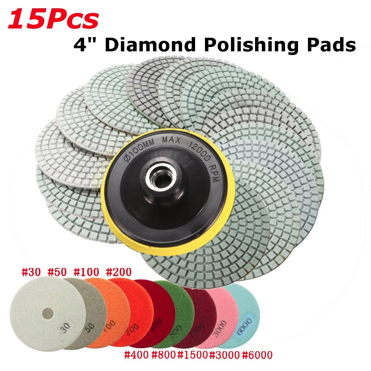 

Doersupp 15Pcs 4 Inch 30-6000 Grit Diamond Polishing Pads With Backer Pad Stone Wet/Dry Granite Concrete Marble Tool Power Tools