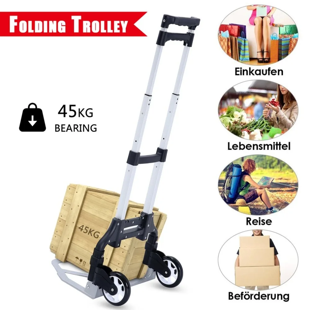 

70kg Capacity Aluminum Alloy Hand Truck Transport Cart Foldable Stacking Cart Wear-Resistant Luggage Carrier Hand Trolley Black