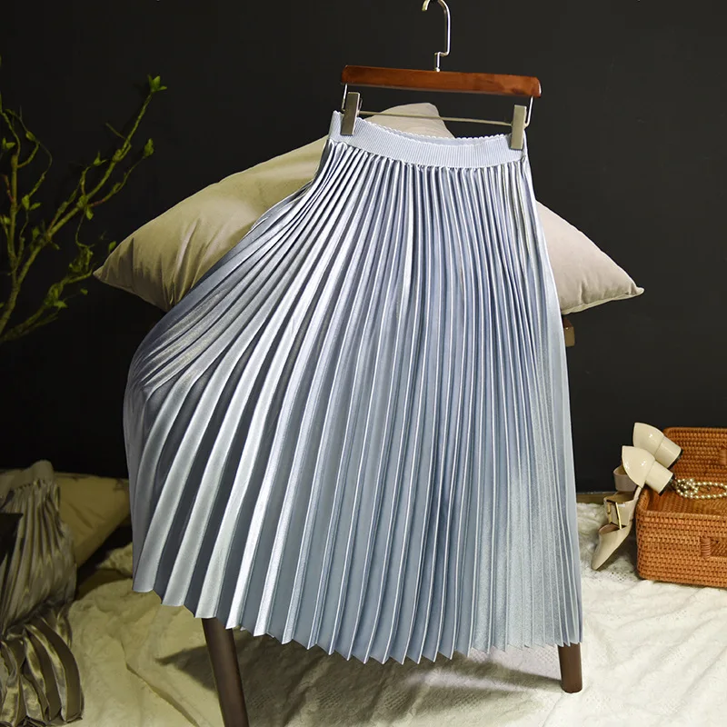 Женская металлическая атласная плиссированная юбка Шикарная высокая Талия Длинные зимние эластичные юбки для девочек Корейский Стиль Уличная офисная Милая Подростковая