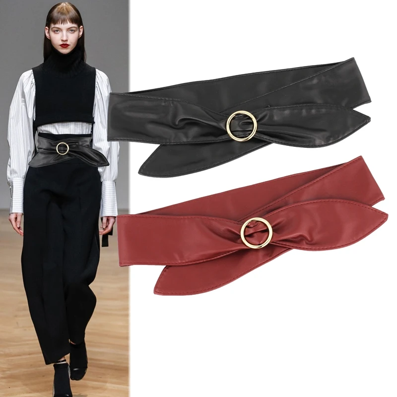 

New High Quality waistbands for women Fashion Black soft Leather Dress waist Coat Decorated Luxury Girdle red Wide cummerbunds