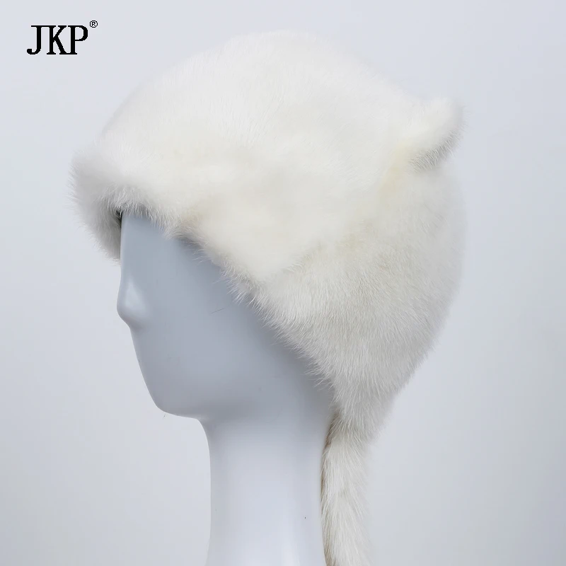Шапка из натурального меха норки, Женская осенне-зимняя модная шапка с милыми белыми ушками и норковым хвостом