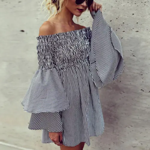 

Women Ladies Striped Ruffles Clothing Shirt Summer Casual Off Shoulder Sleeve Party Mini Blouse Women Hot