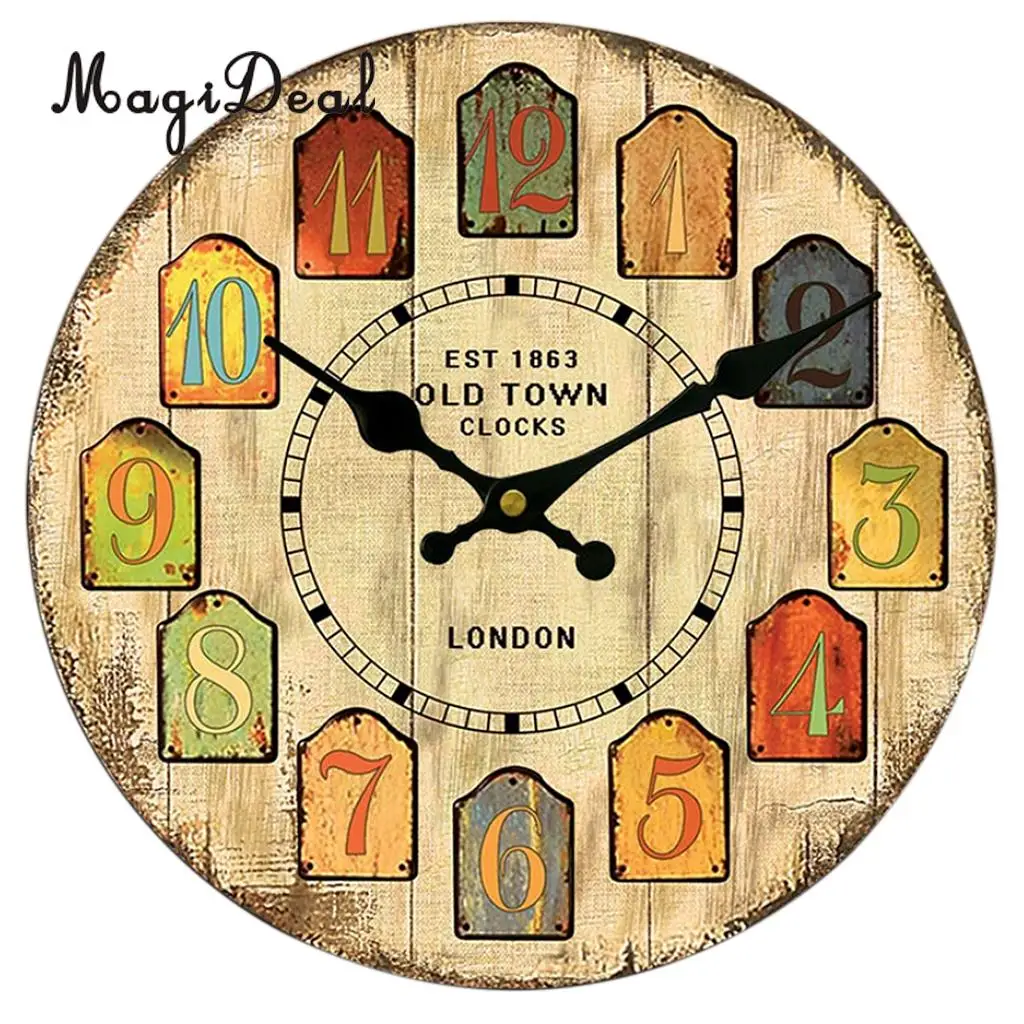 MagiDeal Vintage Round Wall Clock Home Wooden Retro Decor EST 1863 Old Town 12-hour Display for Home Office Coffee Shop 30cm