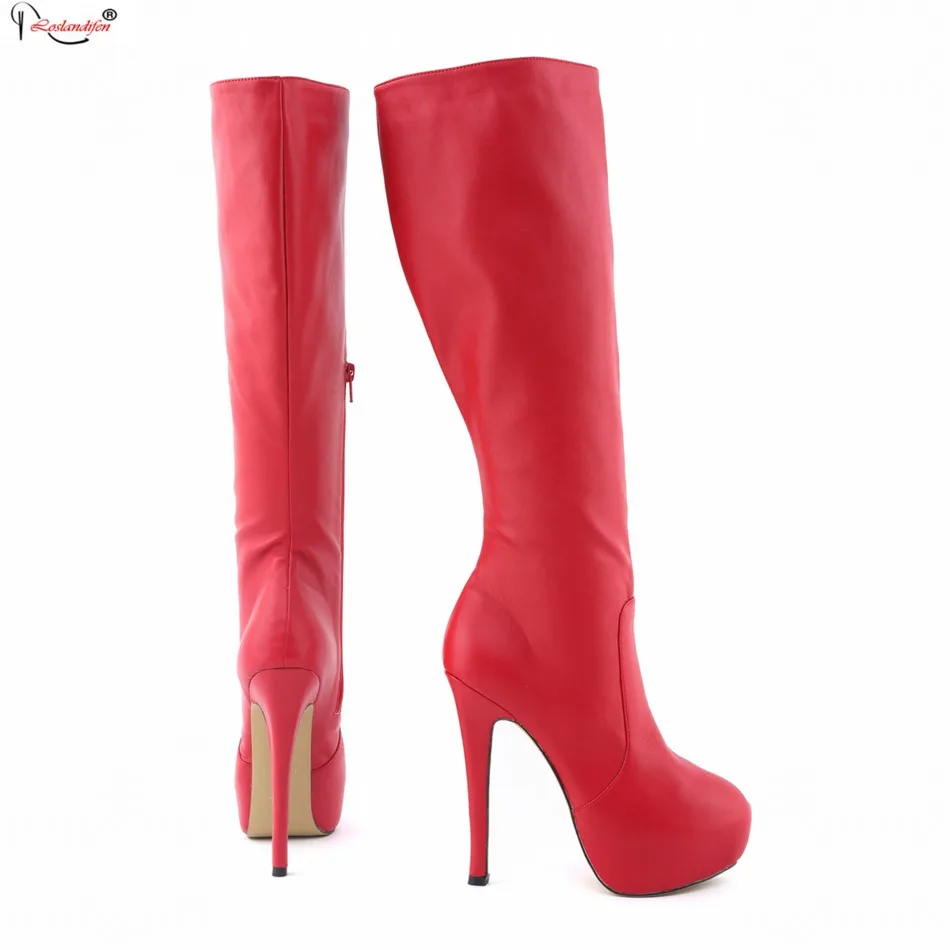 

Red High Heel Boots Round Toe Women Boots Bota Feminina Plus Size 42 Candy Color Platform Boots Side Zipper Shoes SMYNLK-BA0134