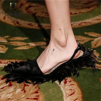 

Prova Perfetto Brand Design Pointed Feather Slippers Low Heel Shoes Woman Fashion Large Size High Heels Gladiator Sandals Femme