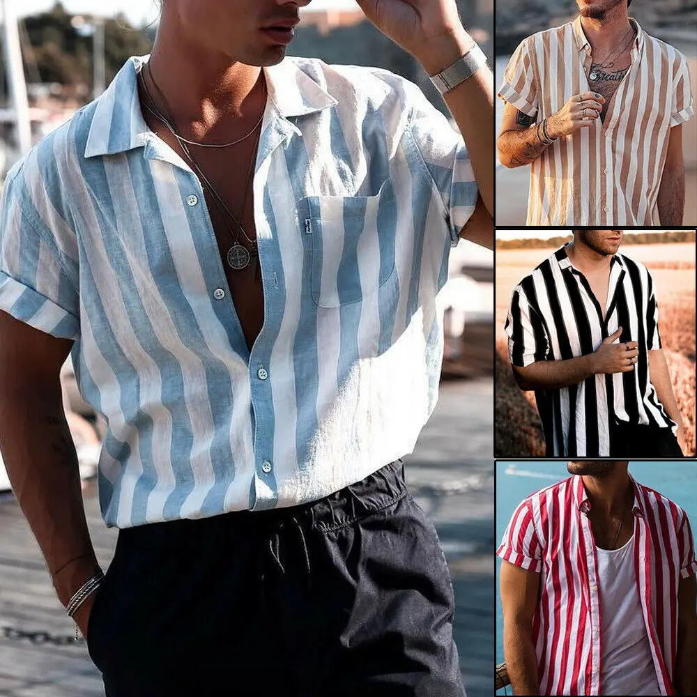 Hot Mens Shirts Stripe Short Sleeve 