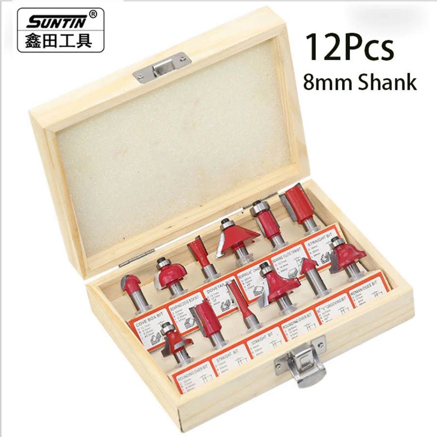 

12Pcs Milling Cutter 8mm Shank Router Bit Set Woodworking Cutter Trimming Knife Forming Milling Cutter Carbide with Wooden Case