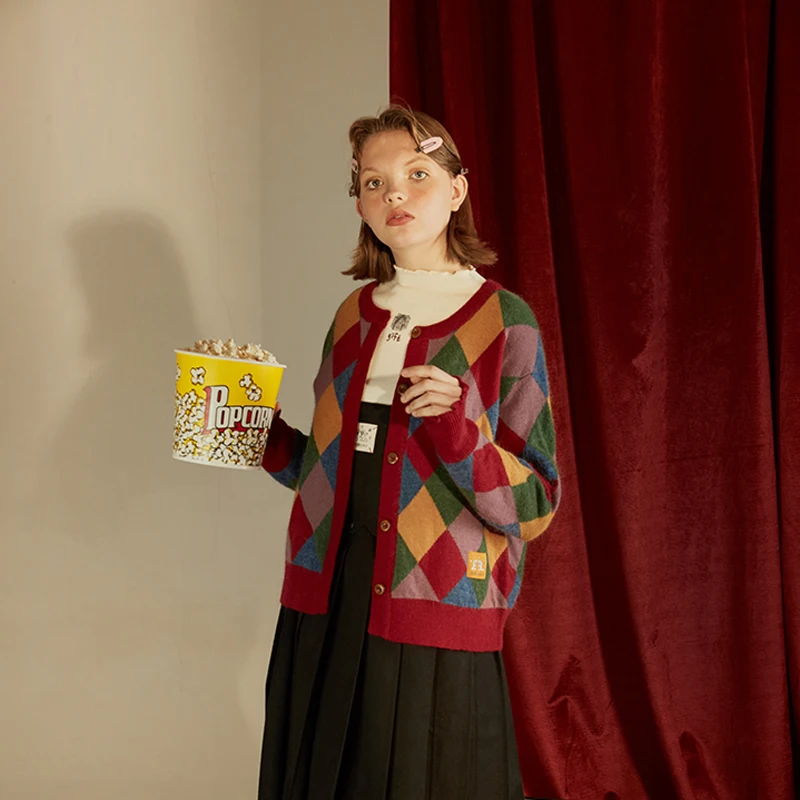 

2018 Winter Sweater New Women Knit Cardigan Coat Vintage Diamond Plaid Knitwear Warm Cotton Female Thick Sweater Outwear Ruffles