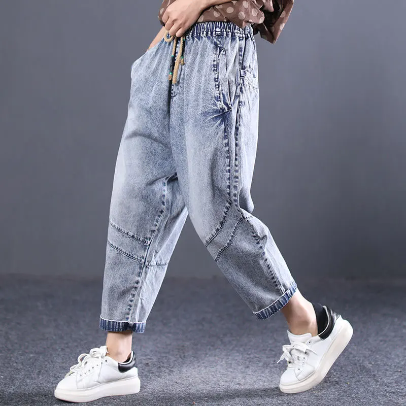 Летние корейские модные женские шаровары большого размера с эластичной талией винтажные джинсы Свободный Повседневный хлопковый джинсовый брюки длиной до щиколотки D130
