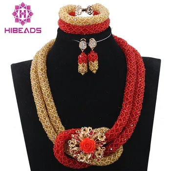 

Pretty Women Jewelry Set Red and Gold Chunky Crystal Necklace Bracelet Earrings Set Birthday Gift for Lady Free Shipping WD927