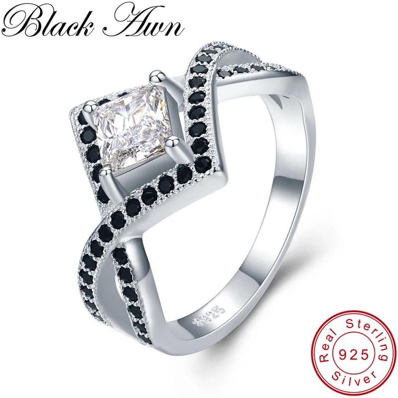 

[BLACK AWN] Trendy 4.6g 925 Sterling Silver Jewelry Black Spinel Square Elegant Wedding Rings for Women Bijoux C472