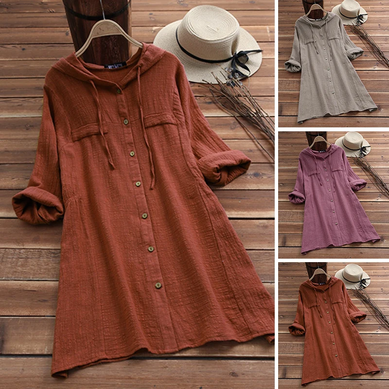 زائد حجم قميص كتان إمرأة الصيف الخريف بلوزة 2019 ZANZEA كم طويل قمصان الإناث زر غير المتكافئة Blusas مقنع تونك زائد حجم قميص كتان إمرأة الصيف الخريف بلوزة 2019 ZANZEA كم طويل قمصان الإناث زر غير المتكافئة Blusas مقنع تونك