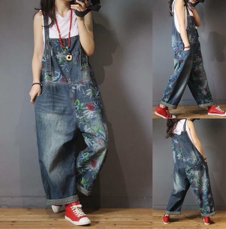 

Spring Autumn Women Casual All-match Loose Plus Size Vintage Bleached Print Patchwork Jeans Denim Overalls