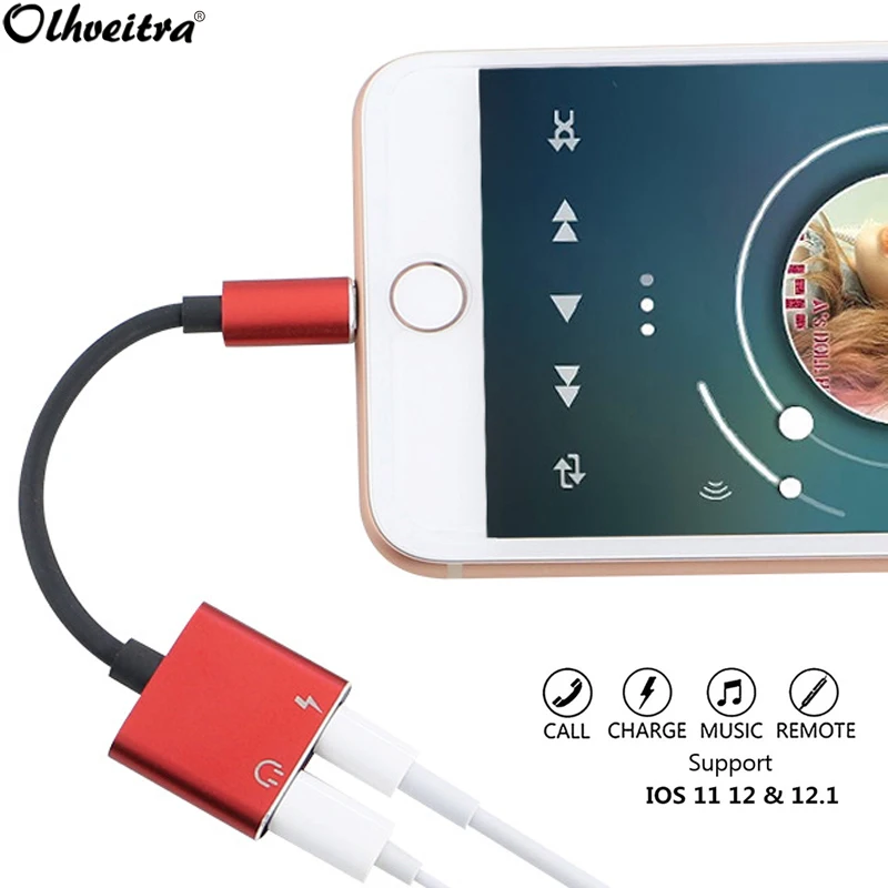 

Olhveitra 2 in 1 Dual Splitter Earphone Adapter Headphones Jack AUX Audio Car Charge Call Cable For iPhone 7 X XR XS Max 8 Plus