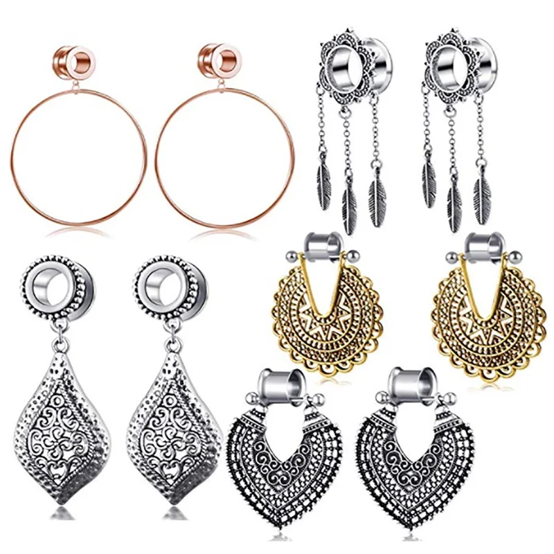 

TIANCIFBYJS Stainless Steel Ear Gauges Flesh Tunnels Double Flared Ear Stretcher Saddle Dangle Plugs Body Piercing Jewelry 2pcs