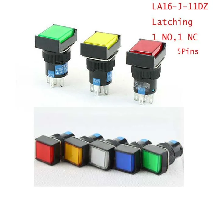 

1pc Latching NO NC 16mm Neon Light Rectangle Pushbutton Switch DC12V/DC24V/AC220V Red/Green/Blue/White/Yellow LA16-J-11DZ 5Pins