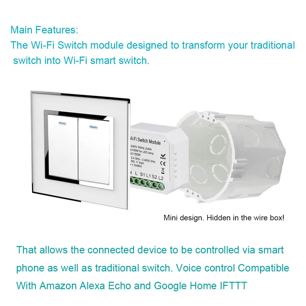 Wifi light switch 2 way 2 gang controller 10A 2300W Smart Switch Module timer control Compatible Alexa Google IFTTT smart life