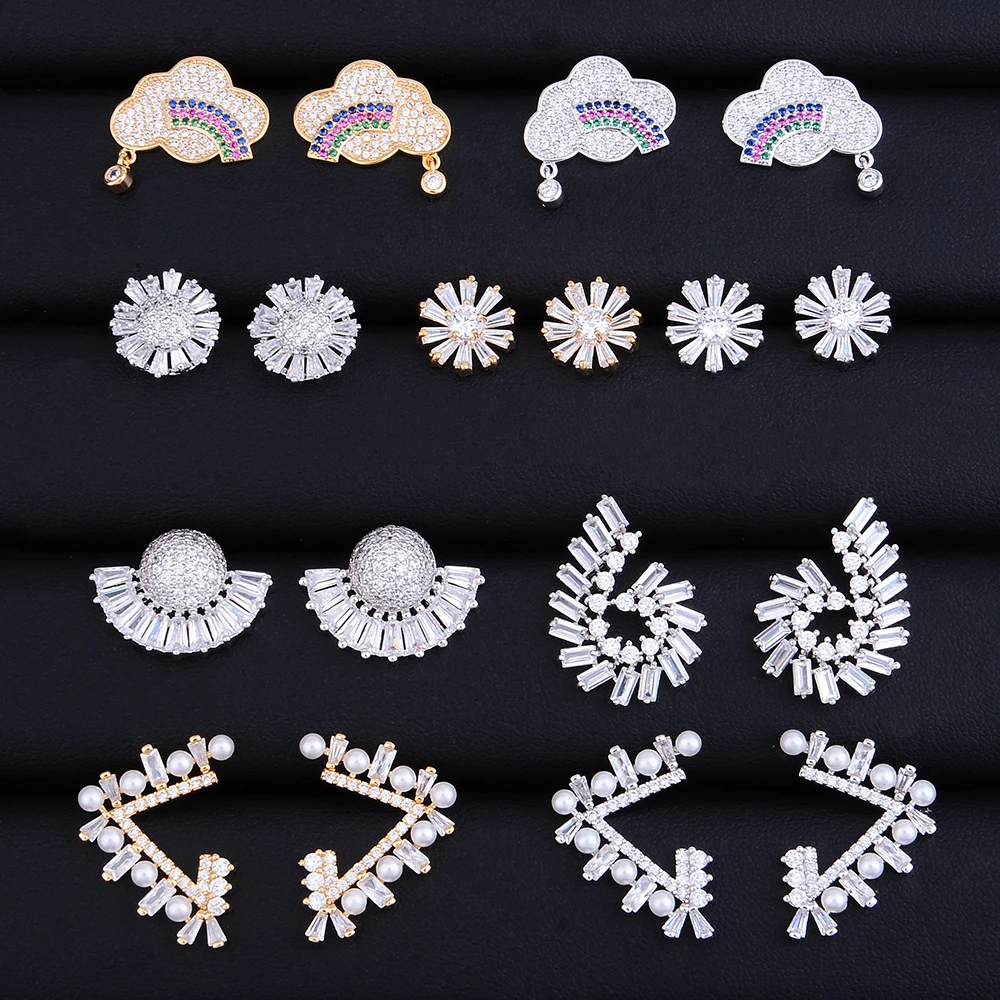 

GODKI Rainbow Cloud Sunflower Simulate Pearl Collection Fashion Cubic Zirconia Women Bridal Stud Earrings High Quality