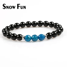 Весело снег 8 мм черный агат Бусины браслет с голубой халцедон граненых Бусины для модных Для мужчин или Для женщин