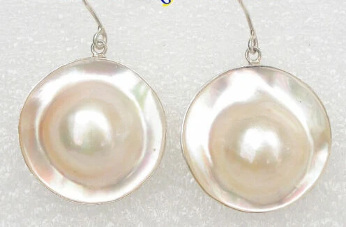 

Free shipping@ AAA natural rare 22mm white South Sea Mabe Pearl Earrings 925sc Dangle j7802