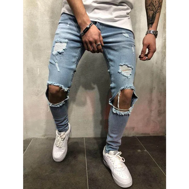 Pantalones informales de moda con agujeros para hombre, pantalones vaqueros con pies elásticos, pantalones vaqueros ajustados 3XL para vaqueros| - AliExpress