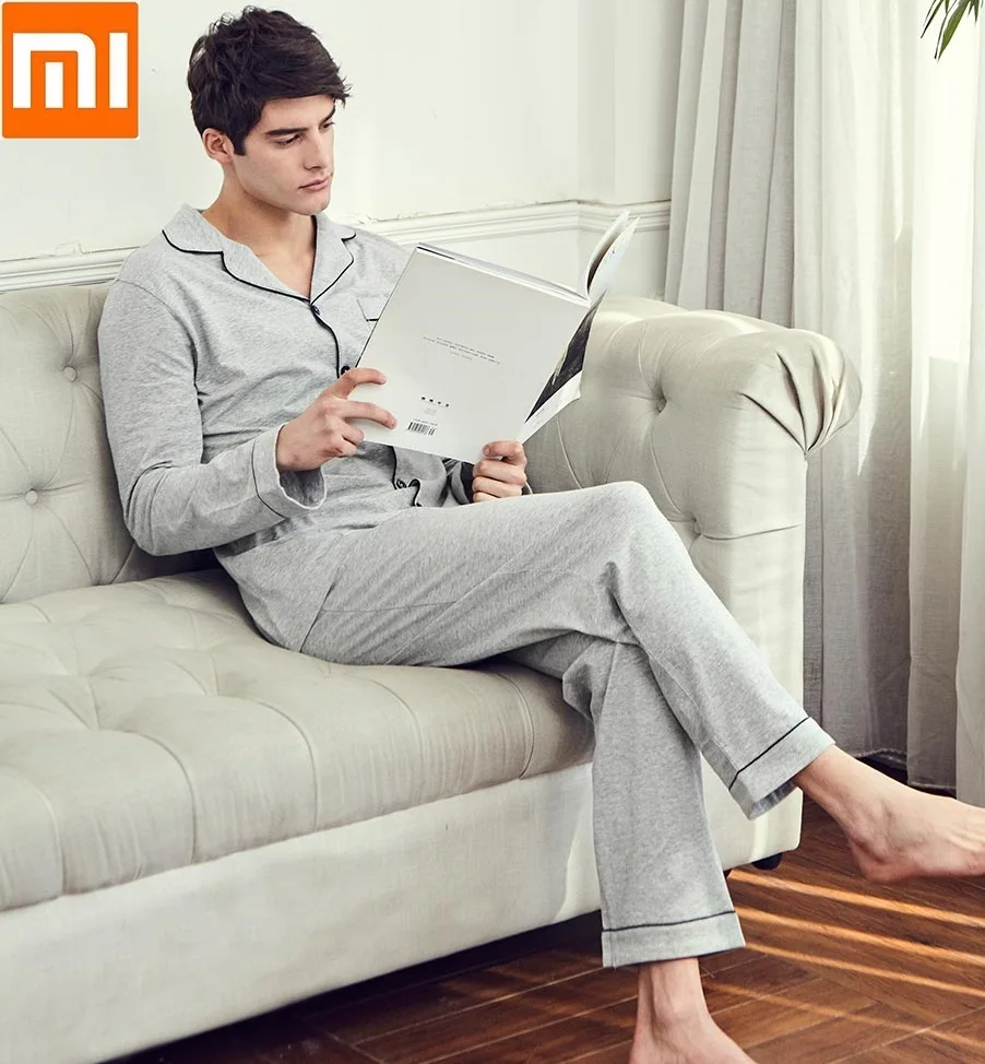 Xiaomi хлопковый Трикотажный костюм с кубинским воротником, пижама с длинными рукавами, Мужская Весенняя Осенняя комфортная домашняя одежда для сна, одежда для сна