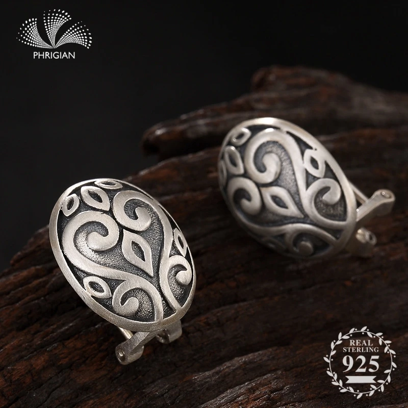 

NOT FAKE S925 Fine Jewelry Earrings 925 Sterling Silver flower pattern Handmade Vintage Retro Exquisite Thai Stud earrings