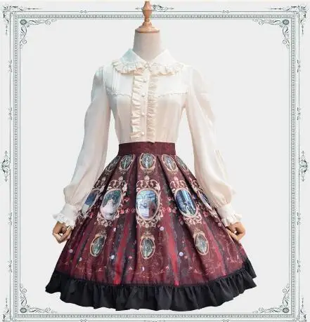 Zoete Koninklijke Vintage Gedrukt Lolita Rok meisje Korte Een Lijn Chiffon Rok Drie Kleuren Zoete Koninklijke Vintage Gedrukt Lolita Rok meisje Korte Een Lijn Chiffon Rok Drie Kleuren