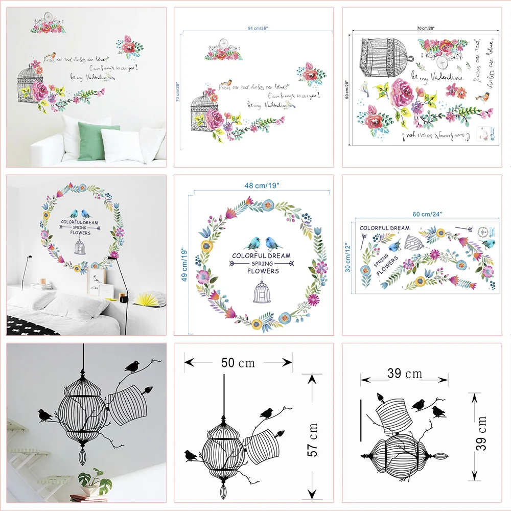 Креативная птичья клетка с цветком ветка дерева Наклейка на стену Наклейка для магазина офиса спальни украшение дома пасторальная Фреска Искусство Diy ПВХ наклейка