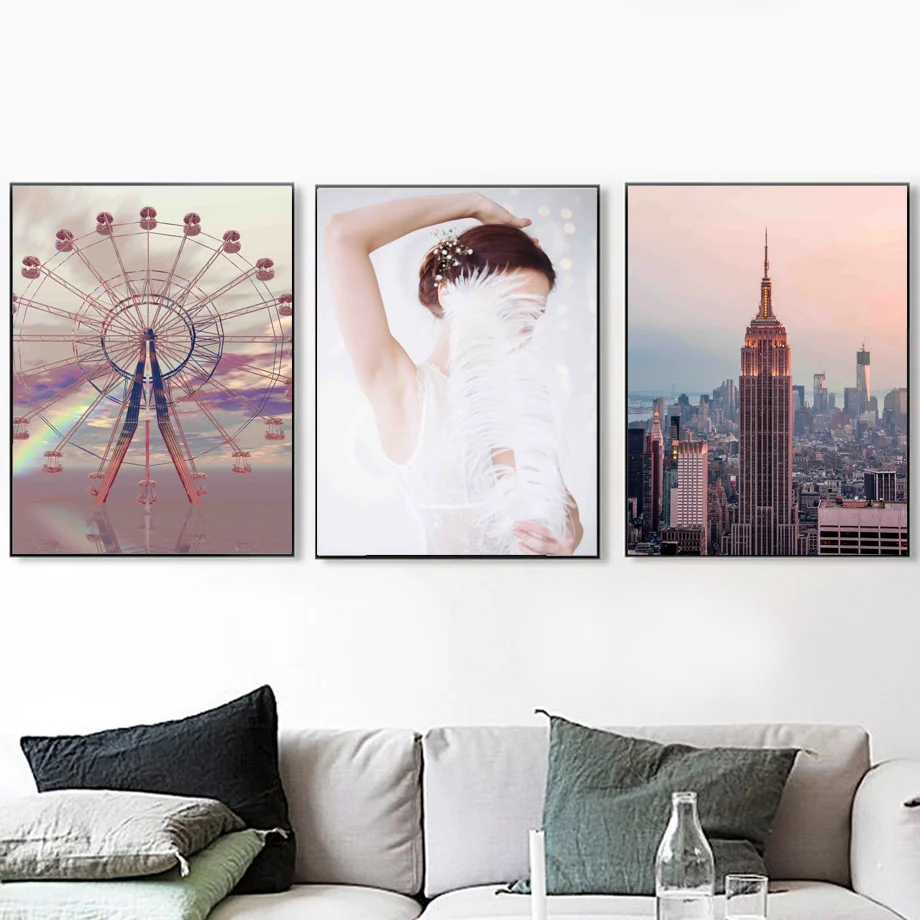 Розовый Эмпайр Стейт здание Парижа башня Wall Art Холст Картина Nordic Плакаты и принты