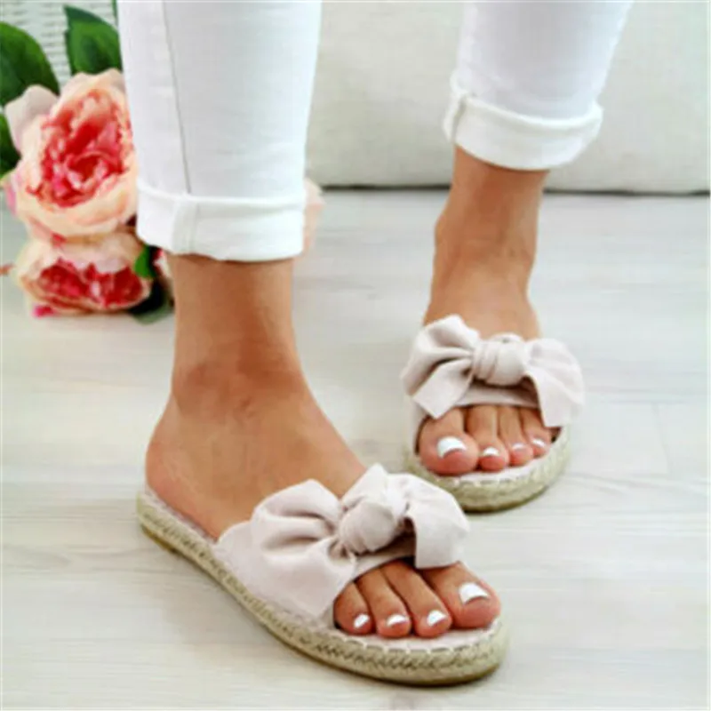 

vertvie 2019 New Beach Women Slippers Slip On Bow Flat Sides Leopard Linen Hemp Summer Espadrille Shoes For Woman Ladies Sizes