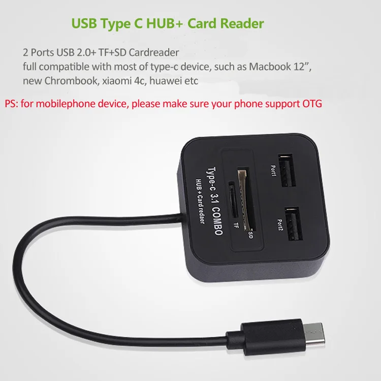 ULT Best Тип USB-C до 2 Порты USB2.0 концентратор с TF SD Card Reader Тип c cardreader комбо для нового MacBook Xiaomi 4C