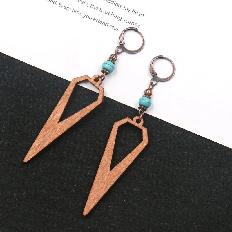 

Vintage Wood Triangle Hoop Earrings with Pendants for Women Ethnic Bohemia Stone Beads Drop Ear Cuff Earrings Hoop