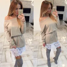 Autumn 2016 hot style Fashion brand clothing short dress Vintage irregular neckline pure color lace women dress Plus Size