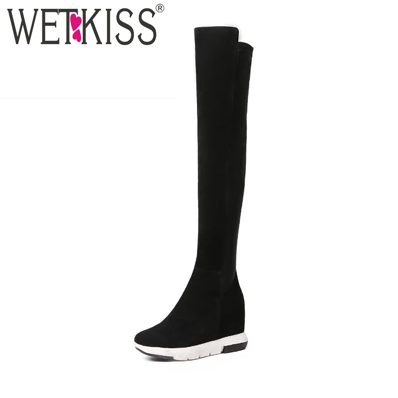 Женские эластичные сапоги WETKISS зимние из натуральной кожи и замши визуально