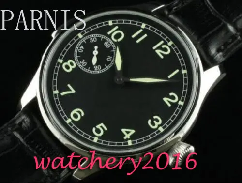 

44mm Parnis black dial Green Luminous Number Stainless steel case 17 jewels 6497 Hand Winding Mechanical Mens Wristwatches