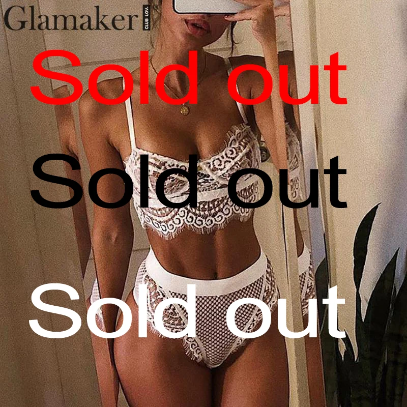 

Glamaker Lace hollow out floral high cut bra suit Women summer white two-piece suit lingerie Female sexy push up black underwear