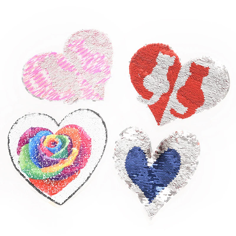 

DIY Decoration New 1P Heart Pattern Cat Love Sequined Reversible Change Color Patch Sew On T-shirt Hoodies Hat Bag DIY Accessory