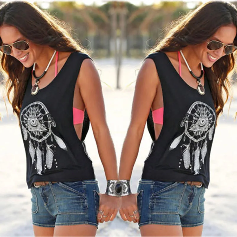 

Loose T-shirt Summer Feather Print Slim Boho Beach Tops Crop Ladies Solid Plus Size Sleeveless Harajuku Funny T Shirts Kyku Hot